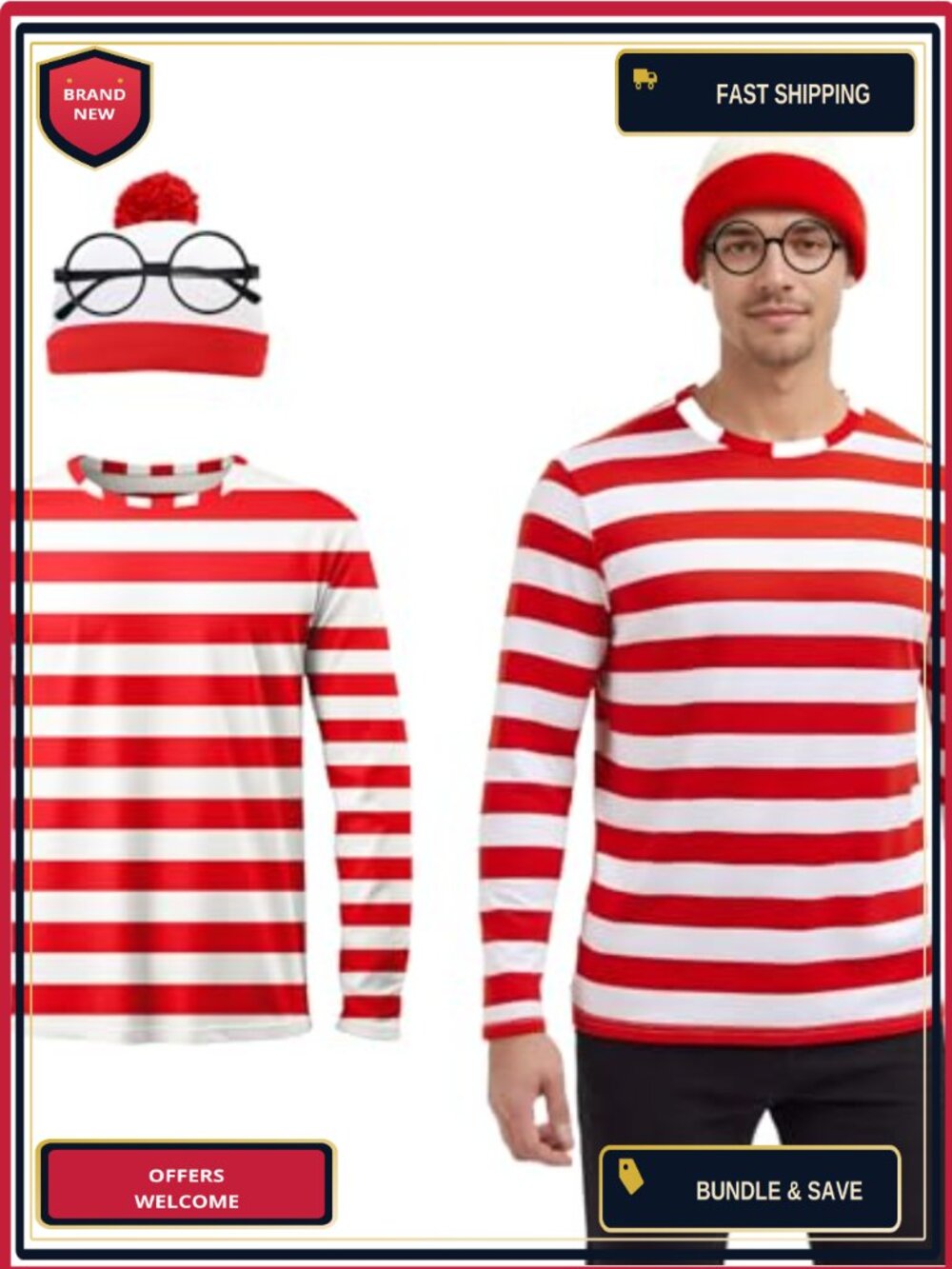 Men's Striped Cosplay Costume Set with Shirt Hat Glasses